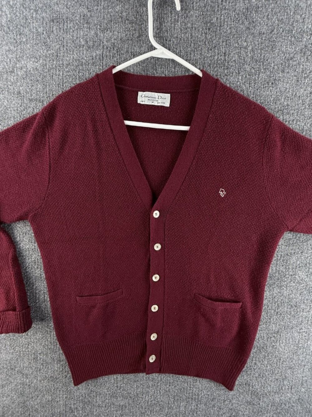 VTG Christian Dior Monsieur Mother of Pearl Sweater Red V-Neck USA Cardigan Logo